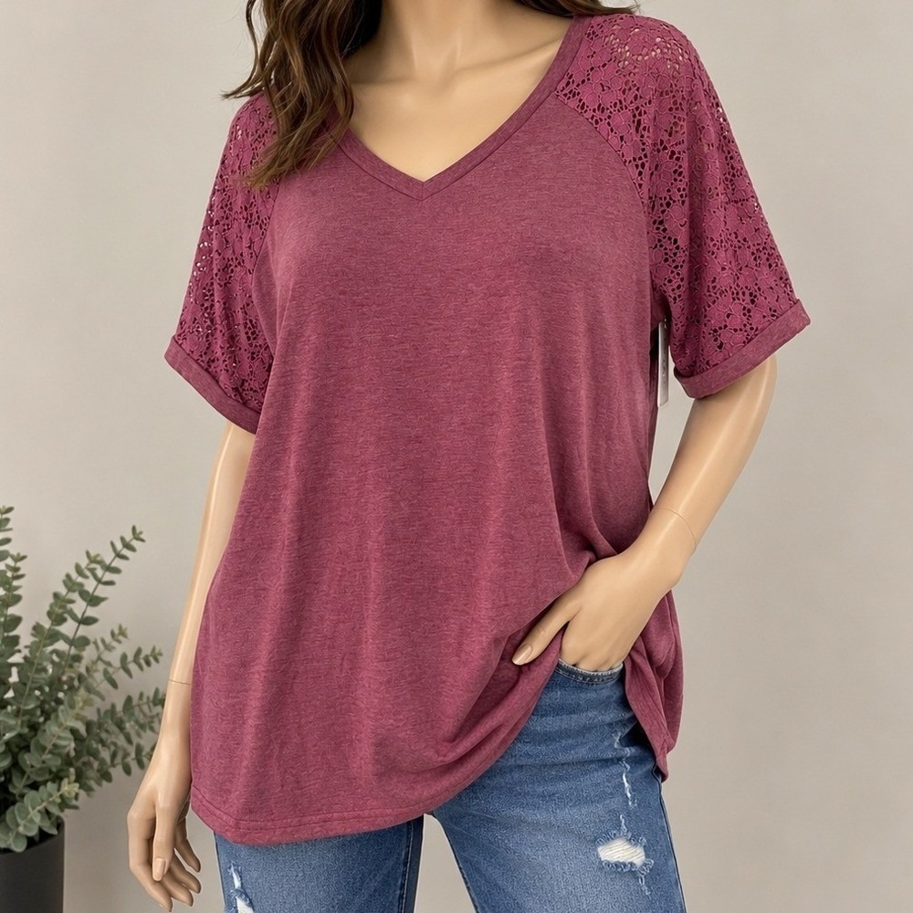 Dolnine Womens Top Burgundy Lace Raglan Sleeve V-Neck Plus Size 4XL